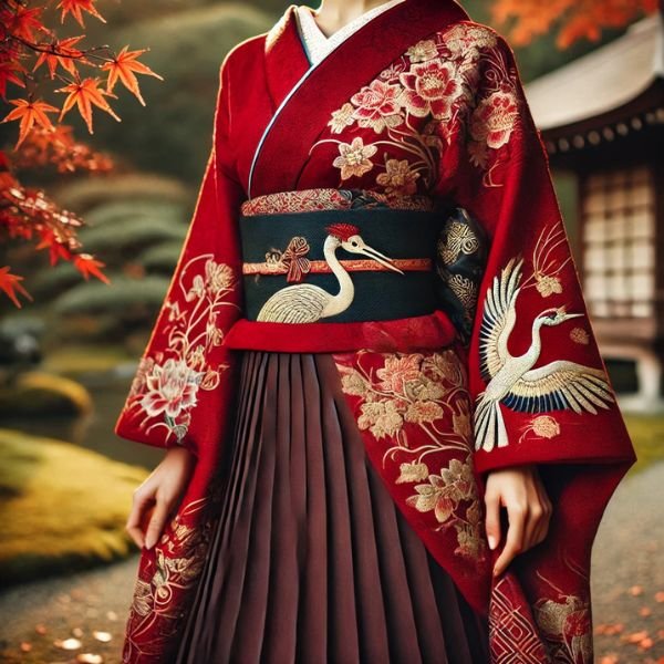 a woman wearing a traditional Japanese Hanten dress. The Hanten is deep red with intricate golden embroidery of cherry blossoms